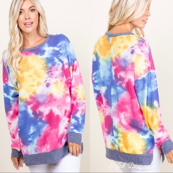 New! Tie Dye Waffle Knit Contrast Side Slit Band Relaxed Top - Picture 3 of 10